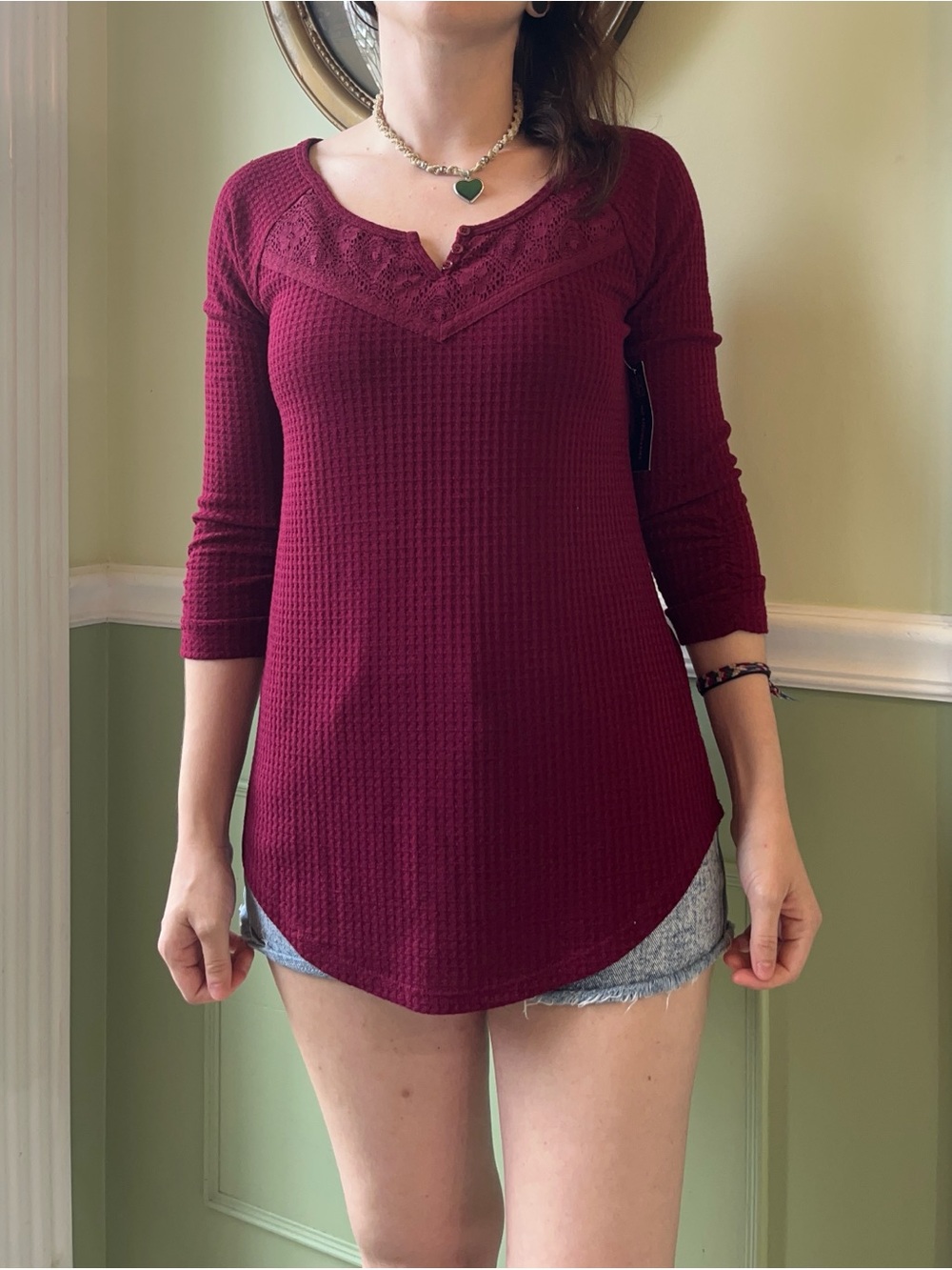No Boundaries waffle knit red Henley